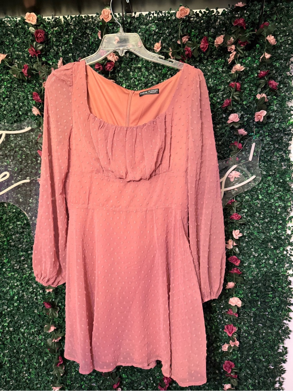 SHEIN Dusty Rose Swiss Dot Long Sleeve Mini Dress